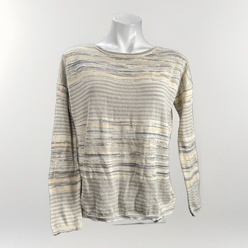 Prana‎ Beige Gray Gold Metallic Striped Women's Pullover Sweater Tulip Back Sz M
